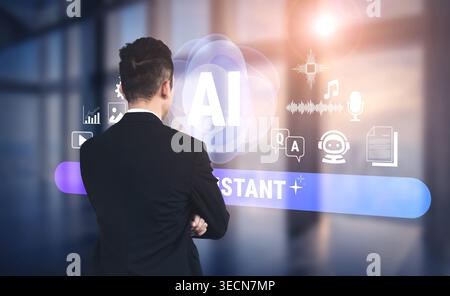 Businessman Engaging with Artificial Intelligence Technology Interface in Modern Office Environment with Digital Elements and Visual Data Stock Photo