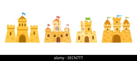 Set of sand castle icons isolated. Hand drawn of beach toys, sandcastles, fortress towers, and summer vacation fun for kids. Vector illustration Stock Vector