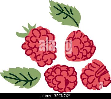 Abstract raspberry set. Cartoon berry with flower and leaves. raspberry elements. Can used for jam labels, kitchen design. Stock Vector