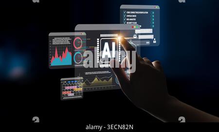 Human Hand Interacting with Digital AI Interface Displaying Charts, Graphs, Data Security Icons, and Technology Metrics in Dark Background Quark. Stock Photo
