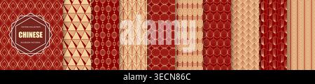 Collection of red and gold seamless geometric patterns. Luxury art deco vector backgrounds in Asian ornament style. Perfect for textile, fabric Stock Vector