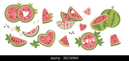 Elements set of watermelon in a cartoon flat style. Includes whole, sliced, and heart-shaped pieces with seeds and leaves. Ideal for summer events, pi Stock Vector