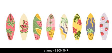 Set of surfboards illustrated in a cartoon style. Features vibrant tropical designs with fruits and palm trees. Ideal for summer-themed events, beach Stock Vector