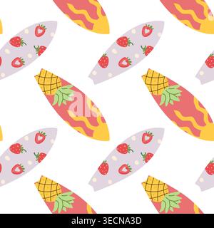 A seamless pattern of surfboards illustrated in a cartoon flat style. Each board features vibrant designs with strawberries and pineapples, ideal for Stock Vector