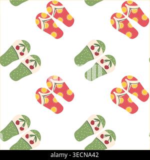 Cartoon summer flip flops pattern with cherry and sun. Bright sandal with berries. Summer print for beach accessories and kitchen textile. Stock Vector