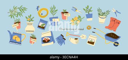 Elements set of gardening tools and herbs in Mediterranean style. Includes pots with basil, oregano, and olive plants, along with gardening tools like Stock Vector