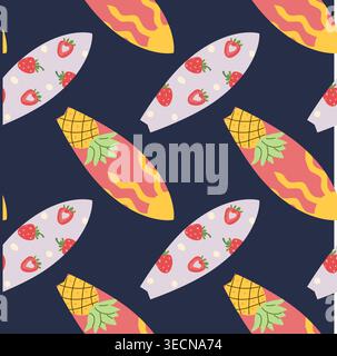 A seamless pattern of surfboards illustrated in a cartoon flat style. Features vibrant designs with strawberries and pineapples on a dark background. Stock Vector