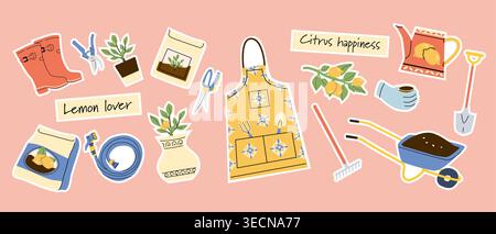 Set of gardening tools and citrus elements in a flat cartoon style. Includes items like boots, scissors, pots, and a watering can. Ideal for gardening Stock Vector