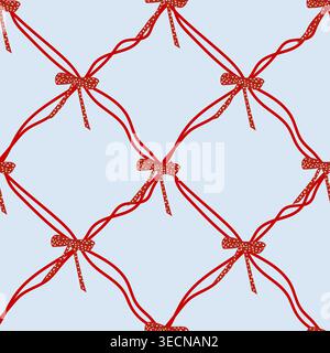 A seamless pattern of red ribbon bows on a light blue background. Ideal for gift wrapping, holiday decorations, and festive stationery. Perfect for se Stock Vector