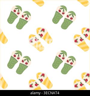 Cartoon summer flip flops pattern with cherry and raspberry. Bright sandal with berries. Summer print for beach accessories and kitchen textile. Stock Vector