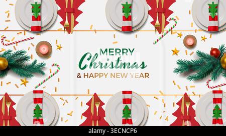 Christmas table. New year dinner setting, 3d Xmas meal menu or happy holiday restaurant kitchen, top view napkins composition. Decorative invitation card, seasonal celebration. Vector banner design Stock Vector