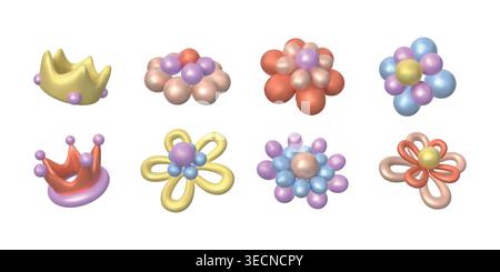 3d balloons. Flower birthday crown, cute and happy daisy art shapes. Festive day decorations in pastel colors. Inflatable blossoms compositions. Vector cartoon render glossy isolated illustration Stock Vector