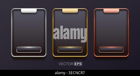 Modern pricing plan templates with sleek metallic frames in silver, gold, and rose gold on a dark background. Vector illustration. Stock Vector