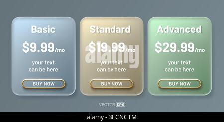 Sleek pricing table with three frosted glass subscription plans for Basic, Standard, and Advanced options. Vector illustration Stock Vector