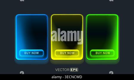 Colorful neon glowing frames with BUY NOW buttons. Ideal for pricing tables, ads, and modern UI design. Vector illustration. Stock Vector