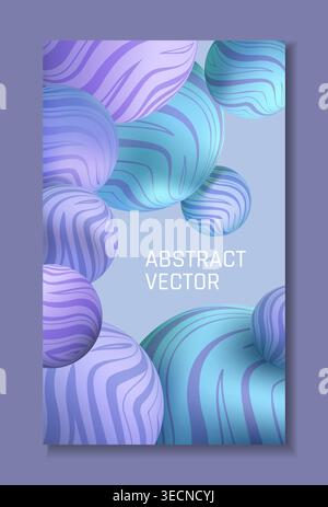 Floating striped spheres. Abstract composition with 3D gradient colorful plastic orbs in blue and purple, minimal vertical poster, geometric dynamic background, flyer template, vector illustration Stock Vector