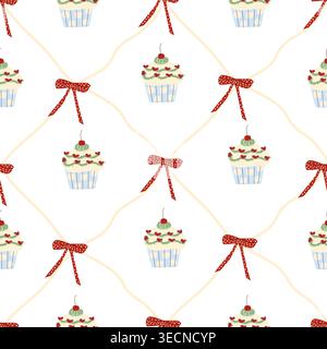 A seamless pattern of cupcakes with decorative frosting and cherries, tied with red polka dot ribbons. Ideal for dessert packaging, cafe decor, and fe Stock Vector