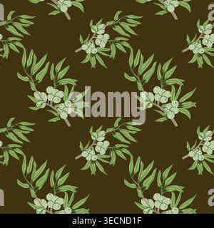 A seamless pattern of olive branches featuring green leaves and fruits. Perfect for fabric, wallpaper, and home decor projects, evoking Mediterranean Stock Vector
