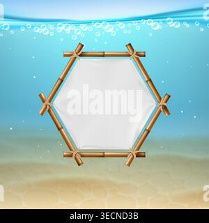 Underwater bamboo hexagon banner. Realistic marine scene with empty frame and rope knots, water bubbles and sand, square card design with copy space for text. Sea and ocean background. Vector template Stock Vector