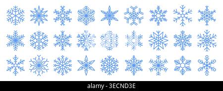 Blue snowflake icon set. Line winter snow flake symbols, geometric seasonal forms for christmas frozen abstract decoration. New year holidays season. Cold weather sign. Vector isolated illustration Stock Vector