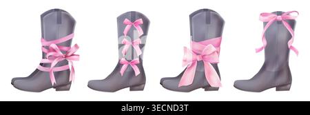 Pink cowboy boots. Watercolor western coquette aesthetic, cute vintage fashion footwear, retro decorative chic. Fashion pink ribbon bows. Render girl elements side view. Vector isolated wild west set Stock Vector