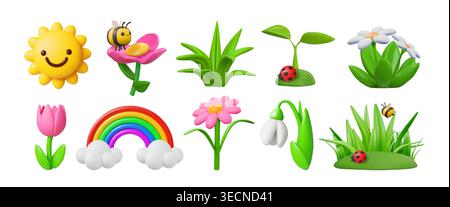 Clay springs elements. 3d play dough plasticine shapes, plastic sun rainbow texture or child cheerful nature, kids objects. Smiling bee on meadow. Vector icon render isolated glossy cartoon style set Stock Vector