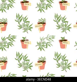 A seamless pattern of herb pots labeled with basil and oregano alongside olive branches. Ideal for kitchen textiles, culinary decor, and Mediterranean Stock Vector