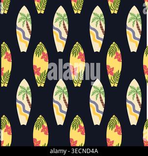 A seamless pattern of surf boards featuring tropical elements like palm trees and flowers. Ideal for summer-themed textiles, beachwear, and vacation d Stock Vector