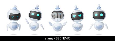 Ai agent. 3d robot, chatbot mascot or digital smart character with futuristic cute eye, communication assistant face different emotions. Friendly artificial intellect. Vector icon cartoon isolated set Stock Vector