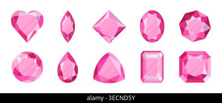 Pink diamond. Different forms glossy reflections brilliant elements. Heart gem, crystal square gemstone or glitter stone shape. Oval, round and rectangle ruby red sapphire. Vector isolated icons Stock Vector