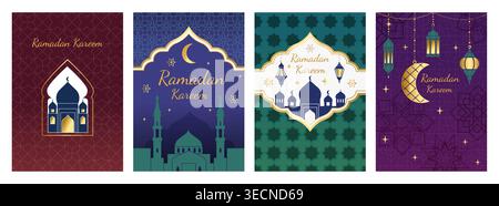 Ramadan background. Geometric mubarak arab elements, minimal and creative islam culture, happy mosque card. Festive seasonal celebration. Vertical posters minimal style modern design. Vector template Stock Vector
