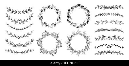 Floral wreaths and dividers. Minimal black line art set with circular garlands, leafy borders and blossoms, botanical ornaments, frames and separators design. Vector isolated illustrations collection Stock Vector