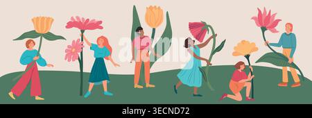 People with flowers. Big doodle person, trendy young woman holding giant plant or funny large man in garden. Spring summer characters with blossoms. Vector cartoon flat style isolated illustration Stock Vector