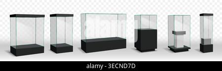 Glass case. 3d display box, clear cube with podium or showcase cover for presenting products. Empty stand block, exhibition cylinder blank shelf with transparent walls. Vector retail pedestal mockup Stock Vector