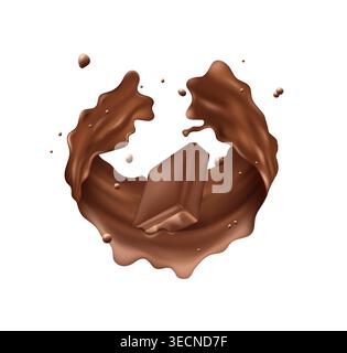 Chocolate splash. Realistic render swirl of melted liquid syrup in motion, square piece, milk waves droplets, product sweet cocoa confectionery food. Sugar glaze dessert, vector isolated illustration Stock Vector
