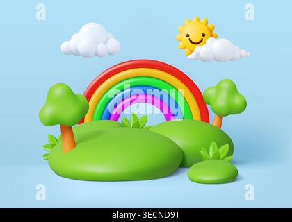3d rainbow. Island park landscape, toy or tree podium land, soft spring hill. Environment scene plastic grass podium for product presentation. Vector render glossy isolated elements in composition Stock Vector