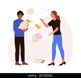 Angry boss. Colleagues arguing, two office workers yelling, stress on work, falling sheets, deadline paperwork. Manager and employee communication, vector cartoon flat style isolated illustration Stock Vector