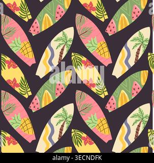 A seamless pattern of surfboards in a cartoon flat style. Features tropical motifs like pineapples, palm trees, and flowers. Ideal for summer-themed t Stock Vector