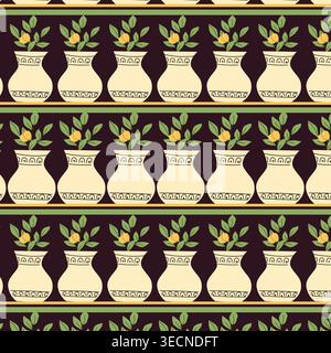 A seamless pattern of potted plants in a Mediterranean garden style. The design features decorative pots with green leaves and yellow flowers, ideal f Stock Vector