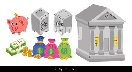 Set of bank icons isolated on white. Hand drawn of a piggy bank, safe, money bags, cash, and financial building for kids. Vector illustration Stock Vector