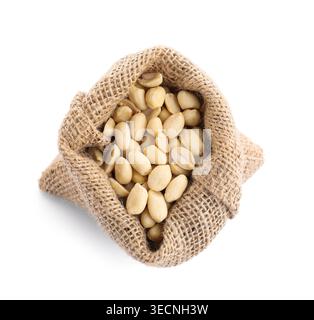 Peanuts in burlap bag isolated on white Stock Photo