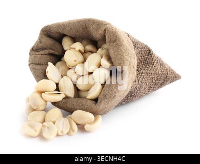 Tasty peanuts in sack isolated on white Stock Photo