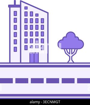 Colored City Icon. Vector Icon. Multi-Storey Building, Tree, and Road. Street, Residential Area. Road Concept Stock Vector