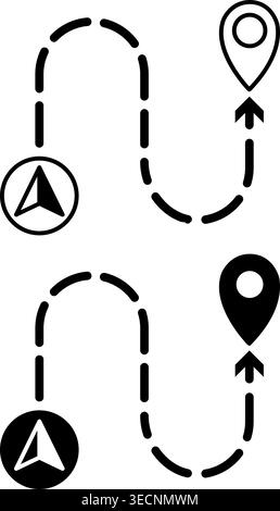 GPS Icons. Black and White Vector Icons. Shows the Start and End of the Road. Location Sign. Navigation System, Distance Measurement. Road Concept Stock Vector