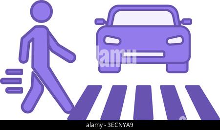 Crosswalk Color Icon. Vector Icon. Pedestrian Walking on Crosswalk Past Parked Car. Road Traffic Rules. Road Concept Stock Vector