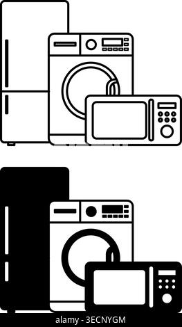Home Appliances Icons. Black and White Vector Illustrations. Refrigerator, Washing Machine, and Microwave Oven. Devices and Equipment for Home Stock Vector