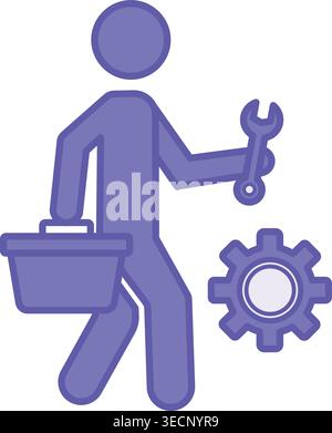 Colored Repairman Icon. Vector Icon. Man with Wrench, Toolbox, Gear. Worker Repairing Equipment and Mechanisms. Repair Concept Stock Vector