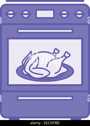 Colored Oven Icon. Vector Illustration. Kitchen Stove with Oven and Fried Chicken on Plate. Home Appliances Concept Stock Vector