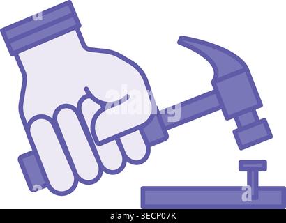 Colored Hammer Icon. Vector Icon. Human Hand with a Hammer Hammering a Nail. Work Tool, Service, Repairman. Repair Concept Stock Vector
