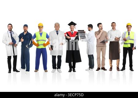 Graduate student and men of various professions on white background. Career choice Stock Photo